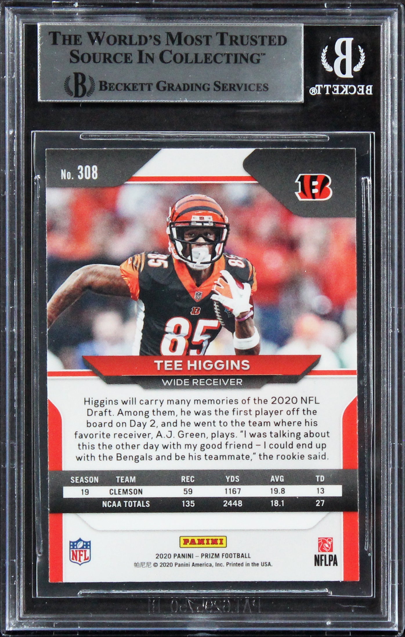 Bengals Tee Higgins Signed 2020 Panini Prizm #308A Rookie Card BAS Slabbed