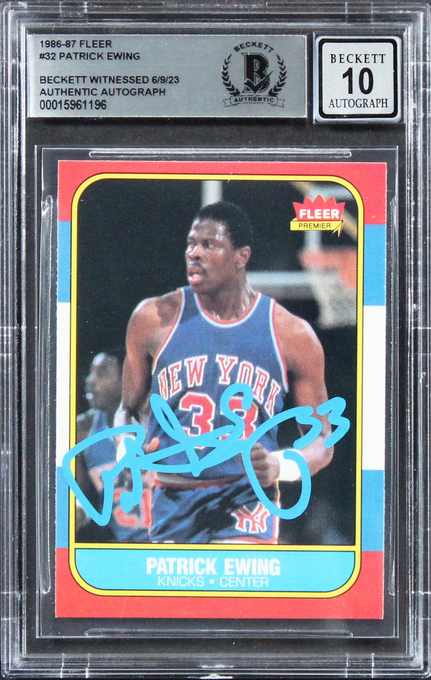 Knicks Patrick Ewing Signed 1986 Fleer #32 Rookie Card Auto 10! BAS Slabbed