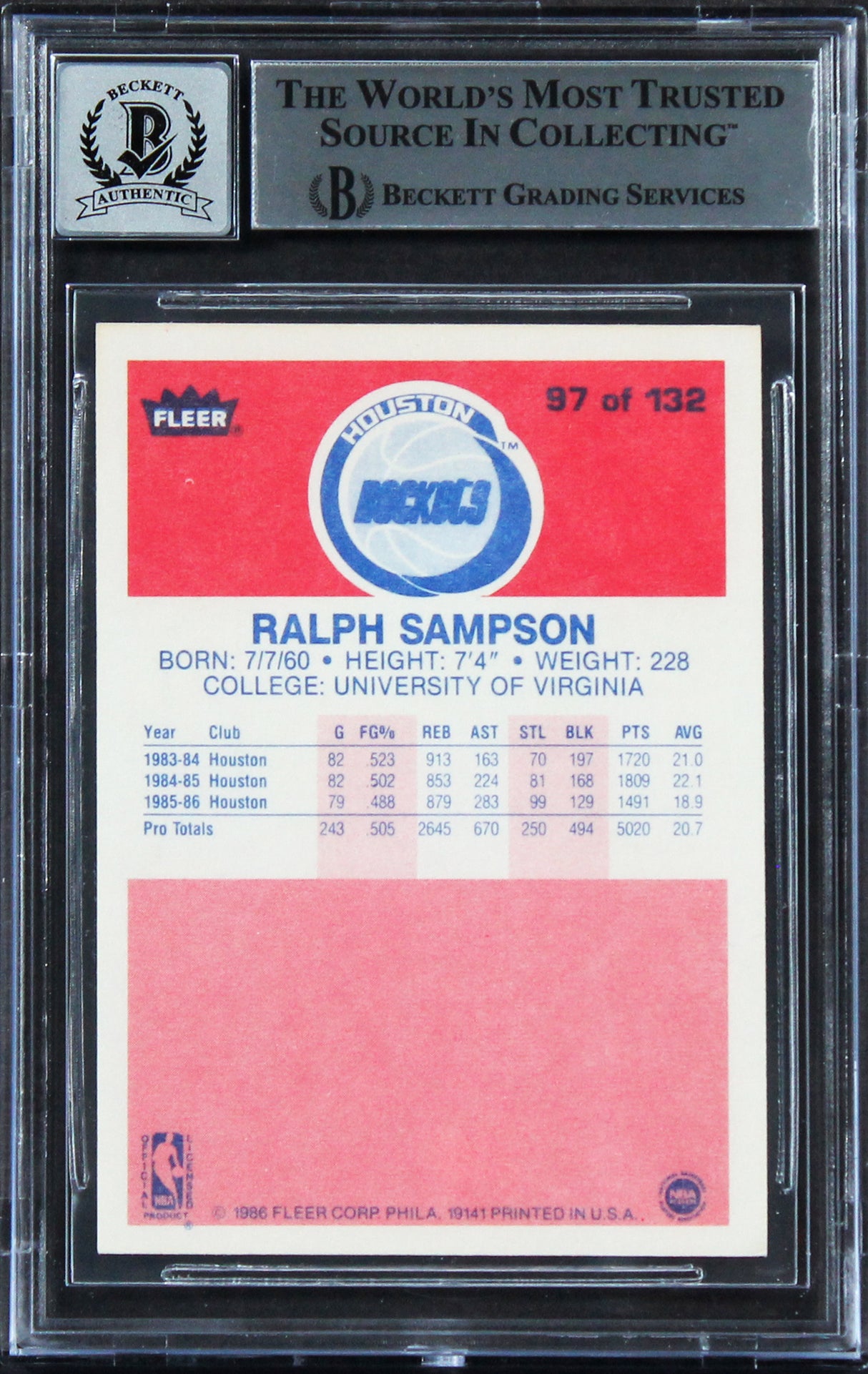 Rockets Ralph Sampson "HOF 12" Signed 1986 Fleer #97 Card Auto 10! BAS Slabbed