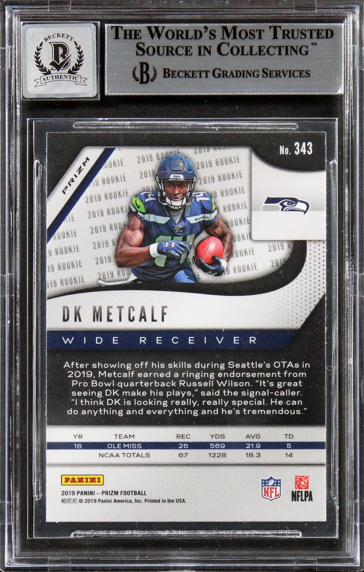 Seahawks DK Metcalf Signed 2019 Panini Prizm Prizms #343 RC Auto 10! BAS Slabbed