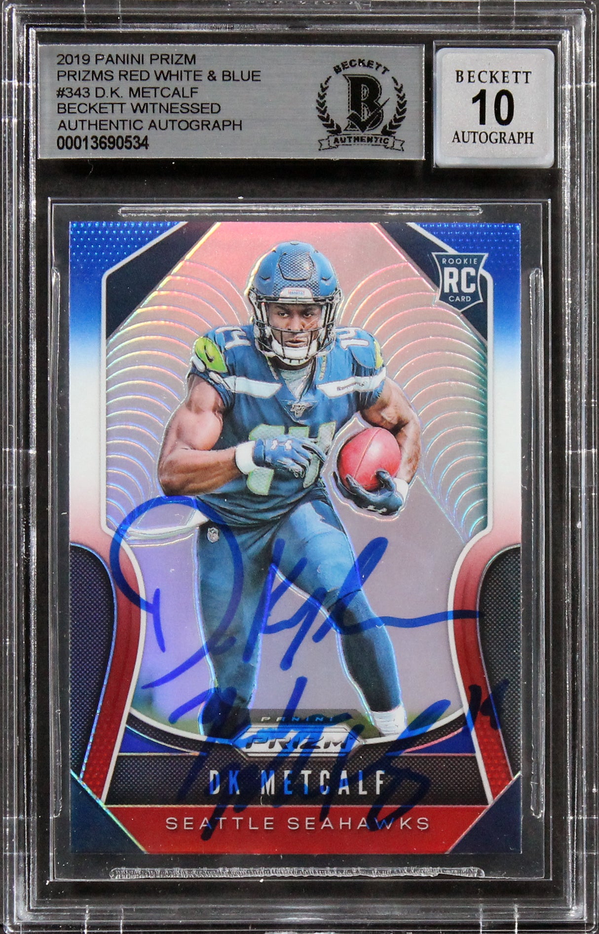 Seahawks DK Metcalf Signed 2019 Panini Prizm RW&B #343 RC Auto 10! BAS Slabbed