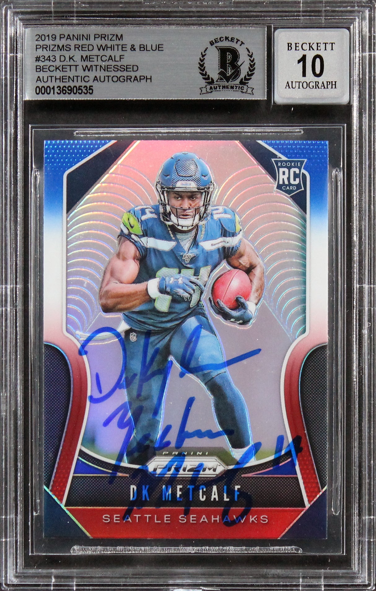 Seahawks DK Metcalf Signed 2019 Panini Prizm RW&B #343 RC Auto 10! BAS Slabbed