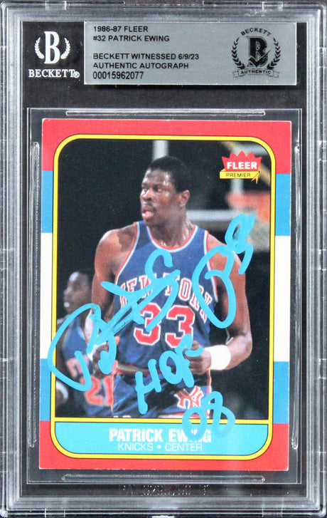 Knicks Patrick Ewing "HOF 08" Signed 1986 Fleer #32 RC Card Auto 10! BAS Slabbed