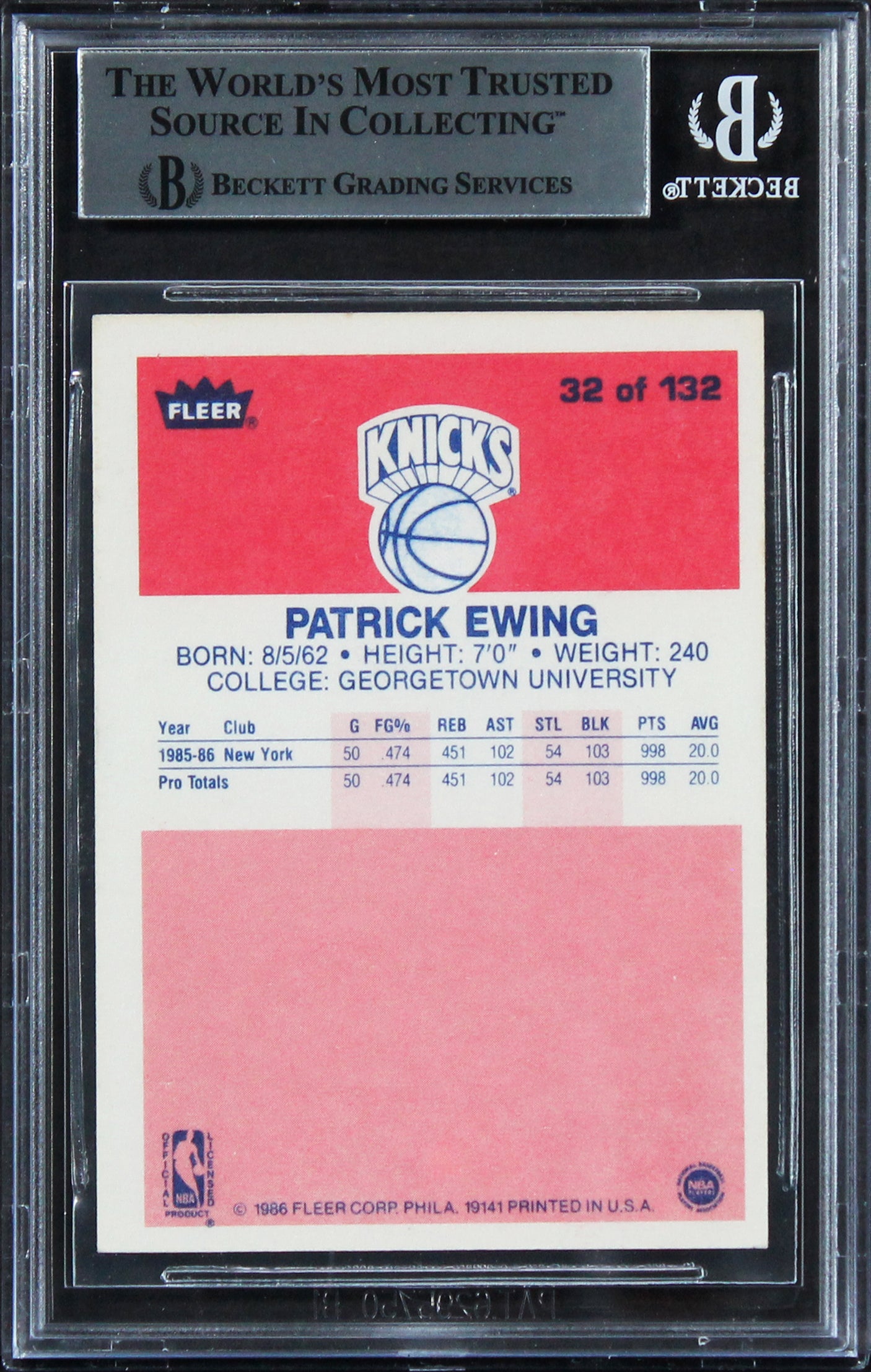 Knicks Patrick Ewing "HOF 08" Signed 1986 Fleer #32 RC Card Auto 10! BAS Slabbed