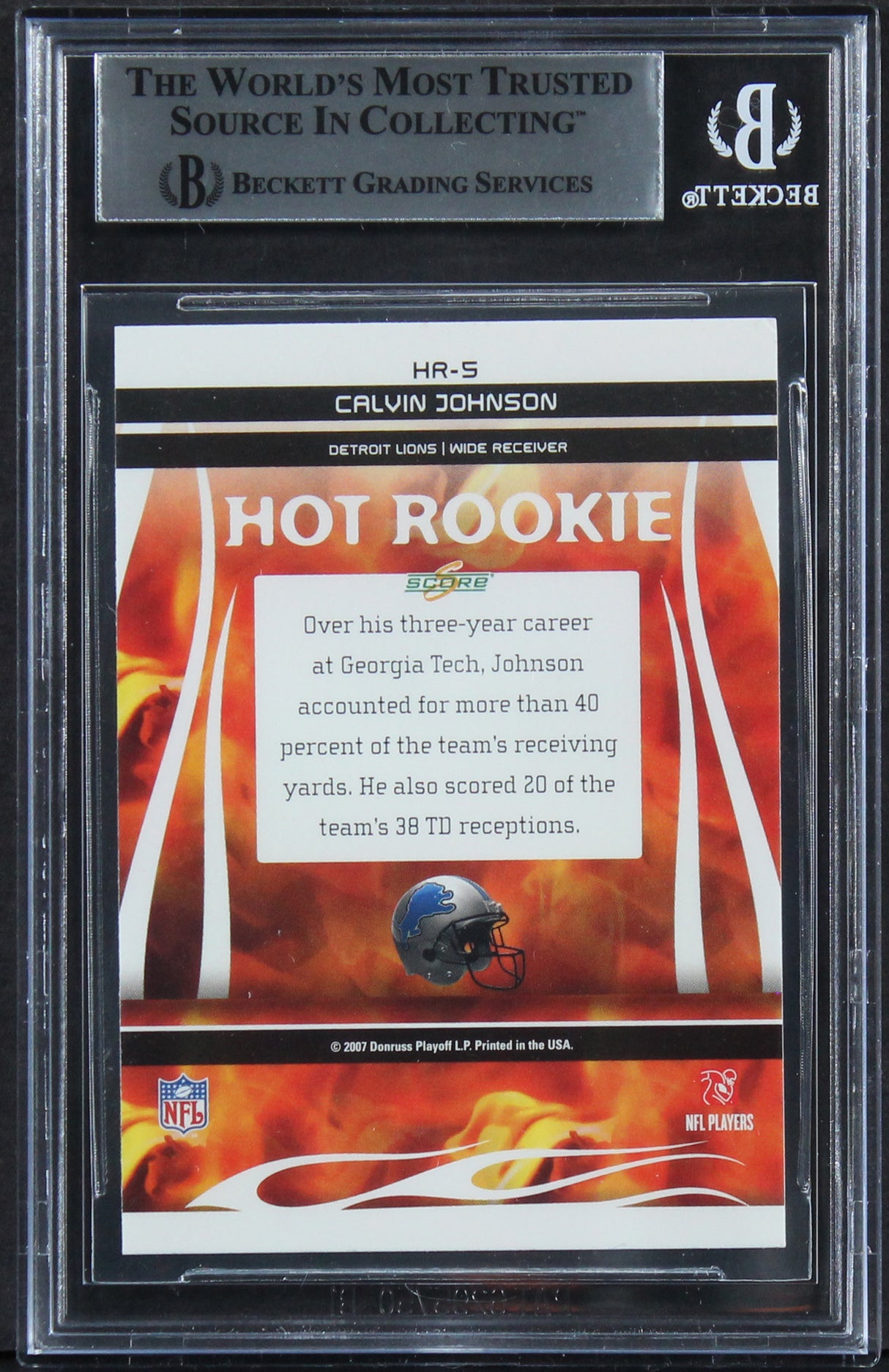 Lions Calvin Johnson Signed 2007 Score Hot Rookies #5 Rookie Card BAS Slabbed