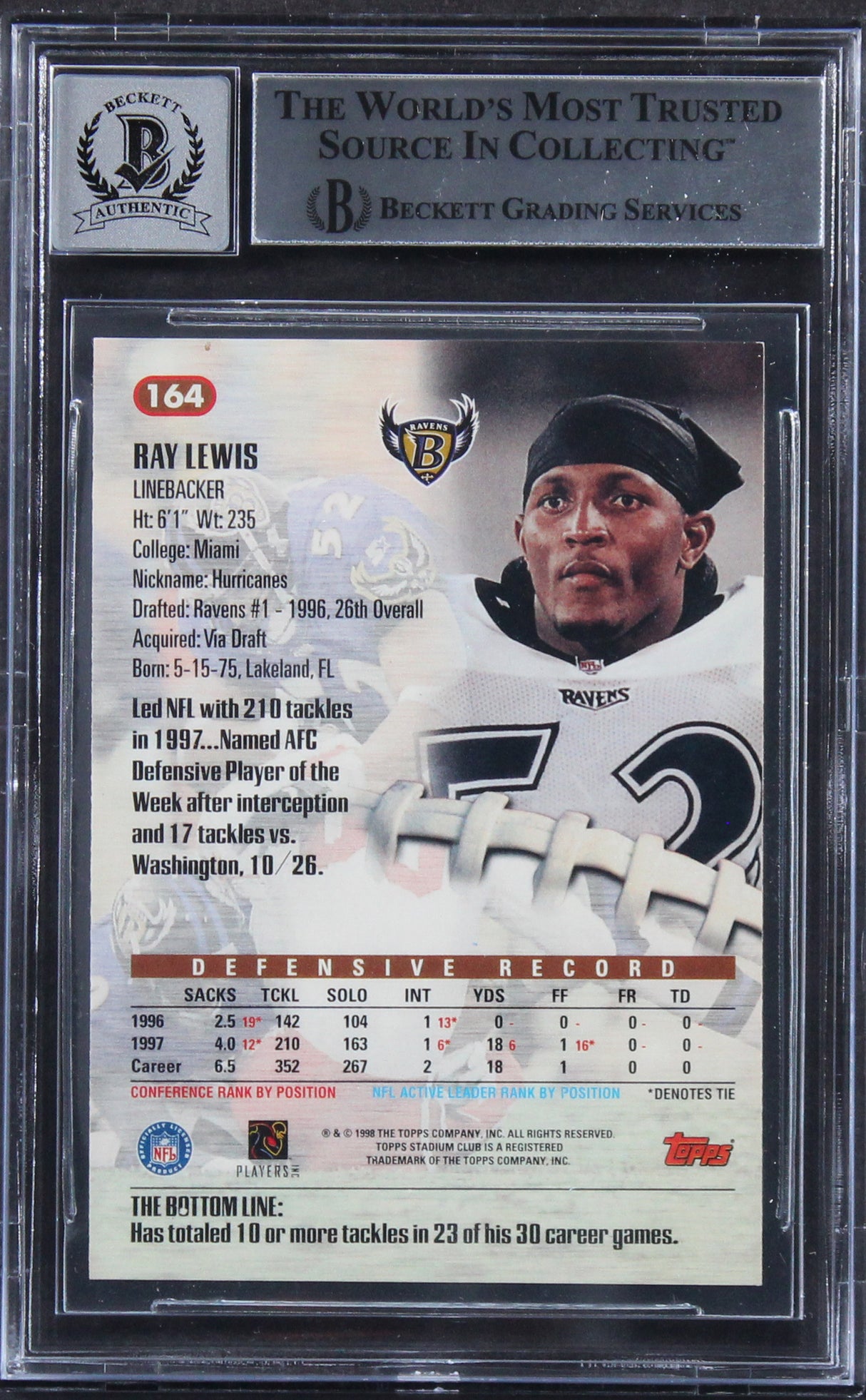 Ravens Ray Lewis Authentic Signed 1998 Stadium Club #164 Card Auto 10! BAS Slab