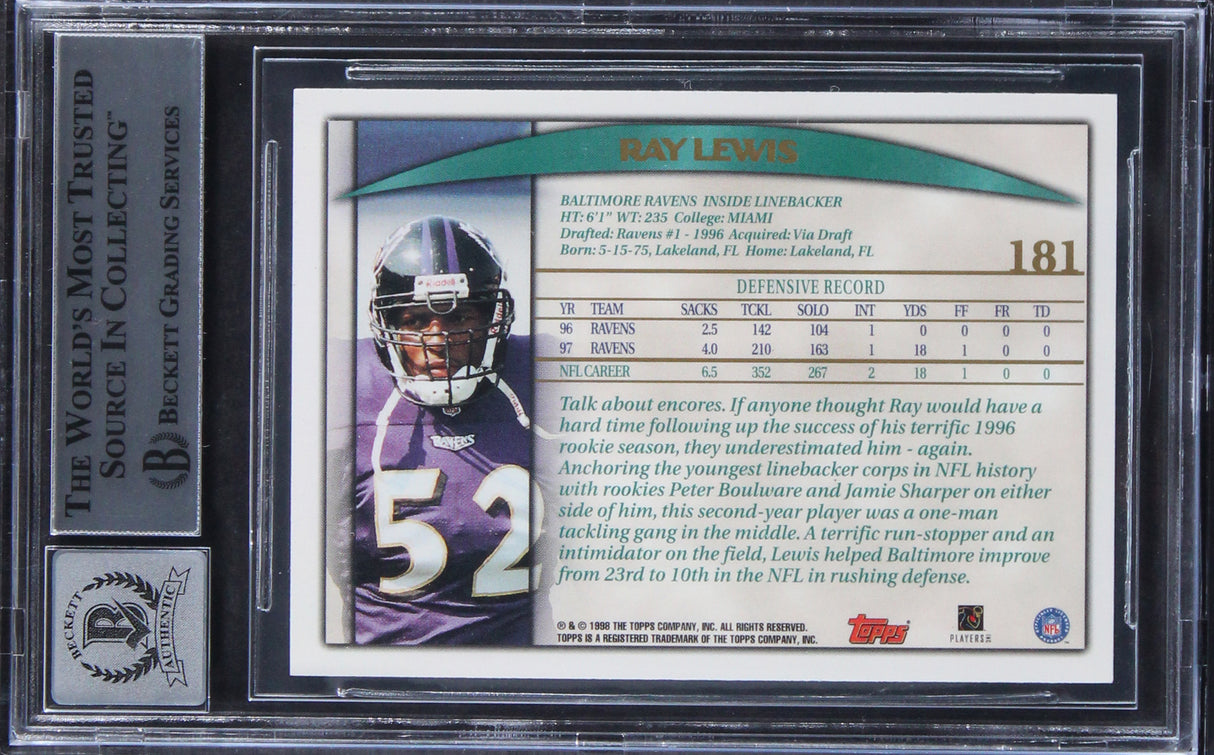 Ravens Ray Lewis Authentic Signed 1998 Topps #181 Card Auto 10! BAS Slabbed