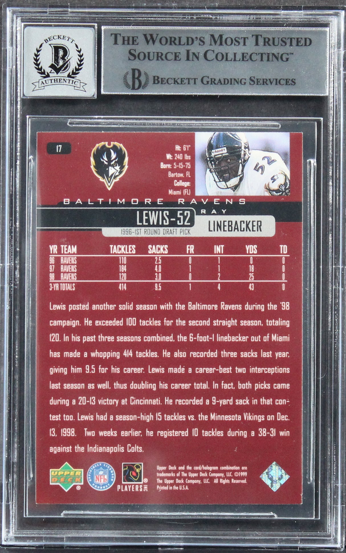 Ravens Ray Lewis Authentic Signed 1999 Upper Deck #17 Card Auto 10! BAS Slabbed