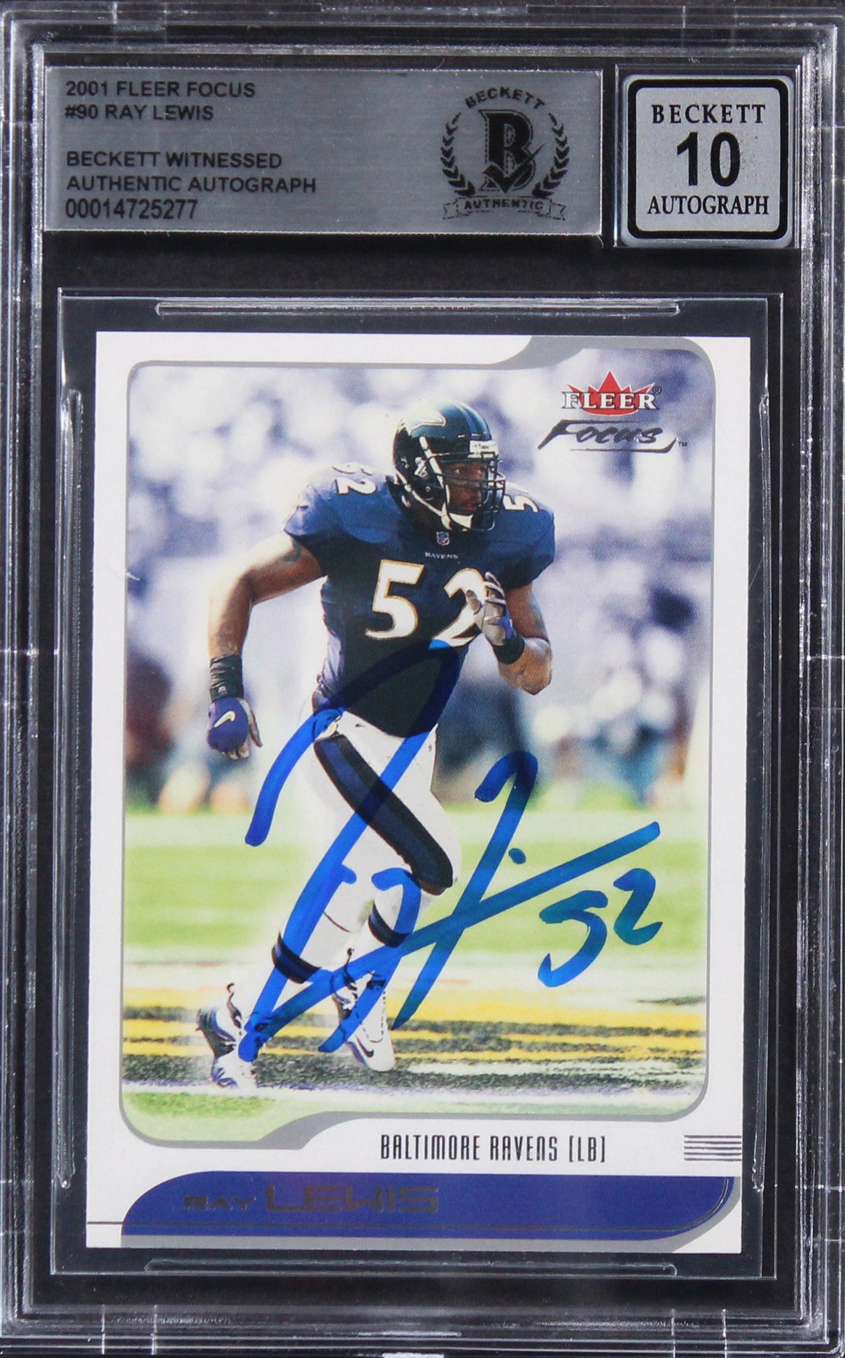 Ravens Ray Lewis Authentic Signed 2001 Fleer Focus #90 Card Auto 10 BAS Slabbed