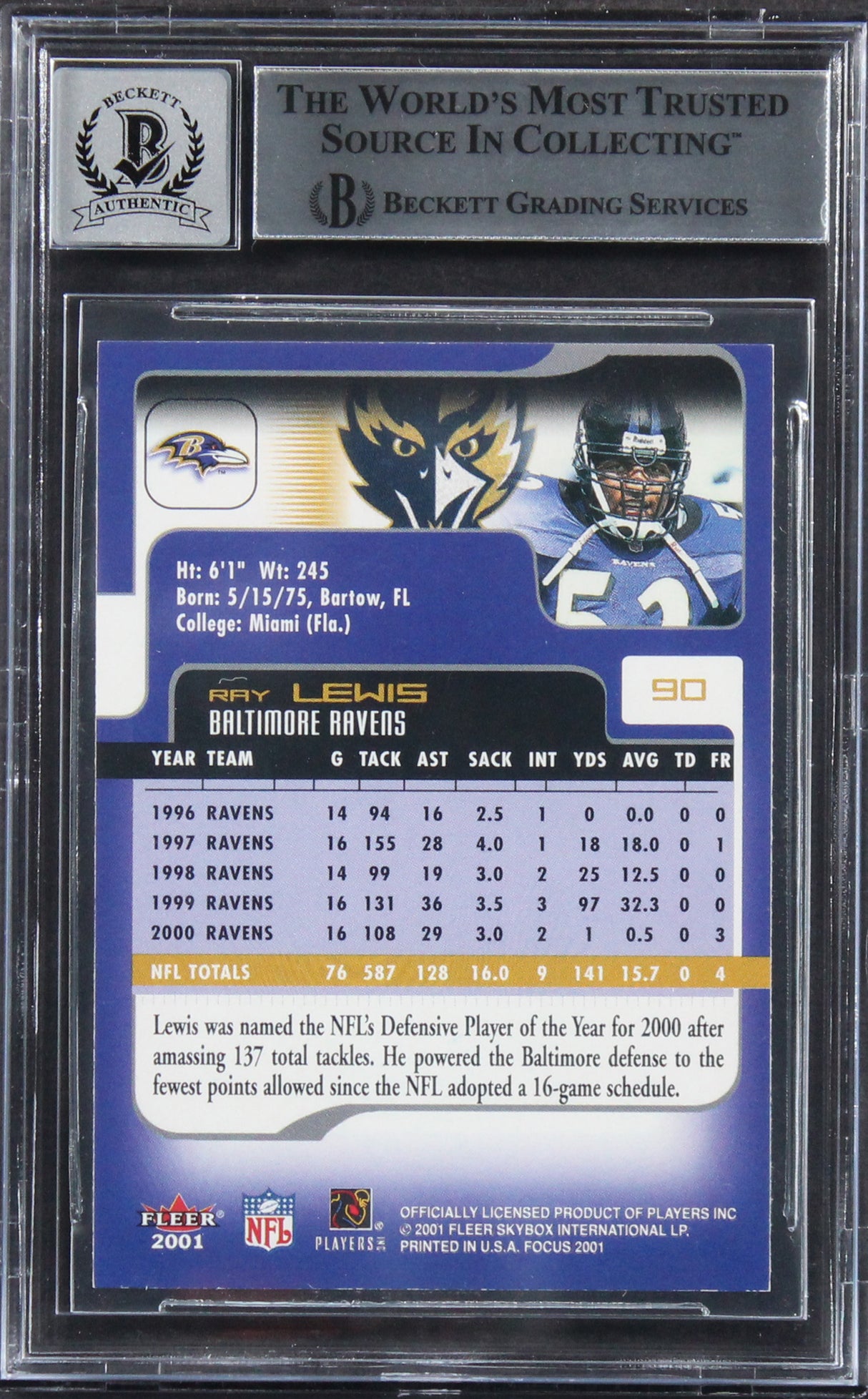 Ravens Ray Lewis Authentic Signed 2001 Fleer Focus #90 Card Auto 10 BAS Slabbed