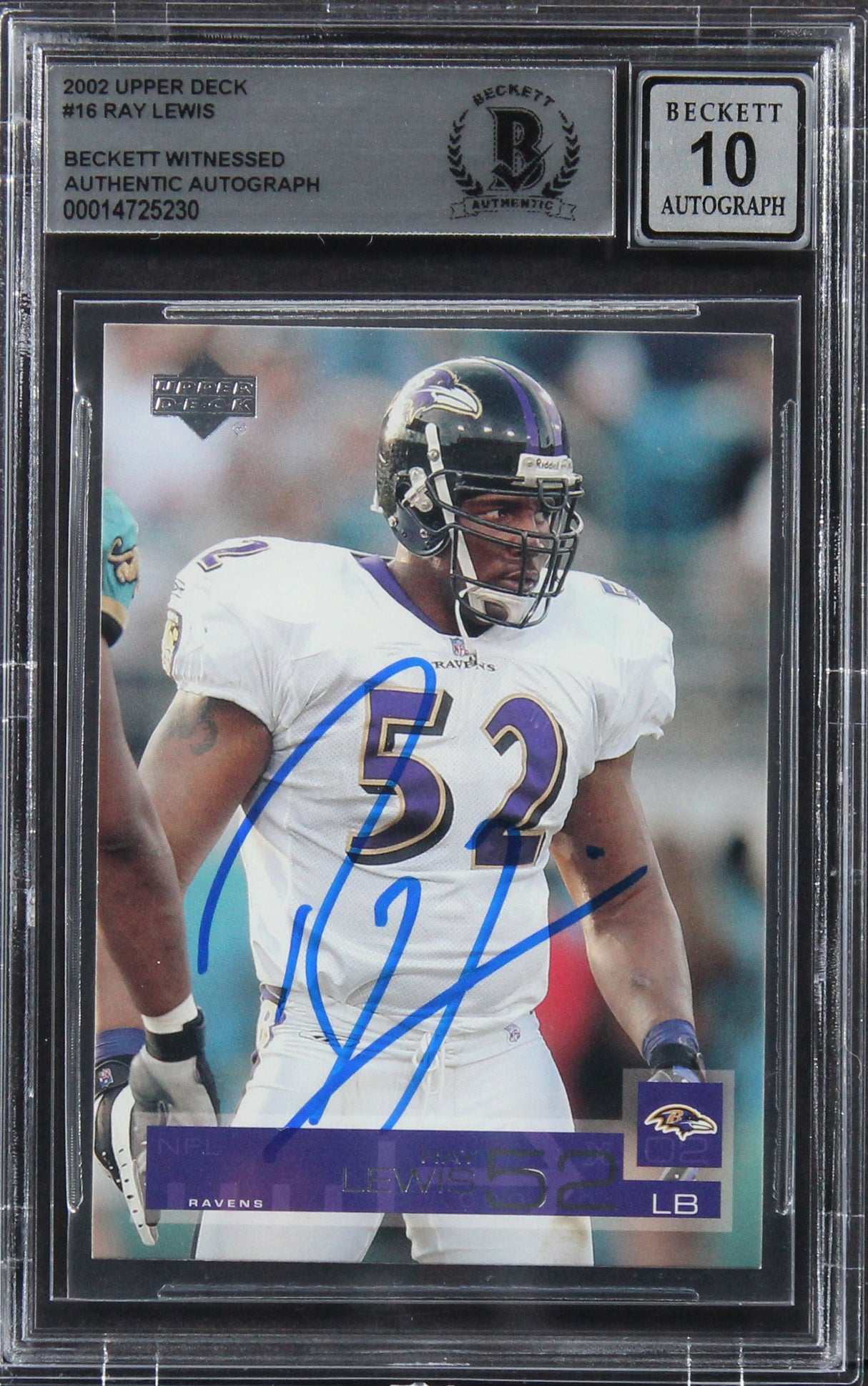 Ravens Ray Lewis Authentic Signed 2002 Upper Deck #16 Card Auto 10! BAS Slabbed