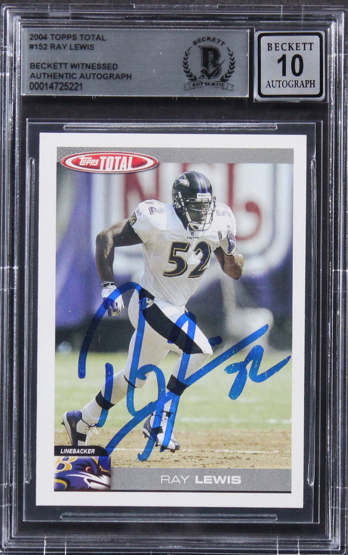 Ravens Ray Lewis Authentic Signed 2004 Topps Total #152 Card Auto 10! BAS Slab