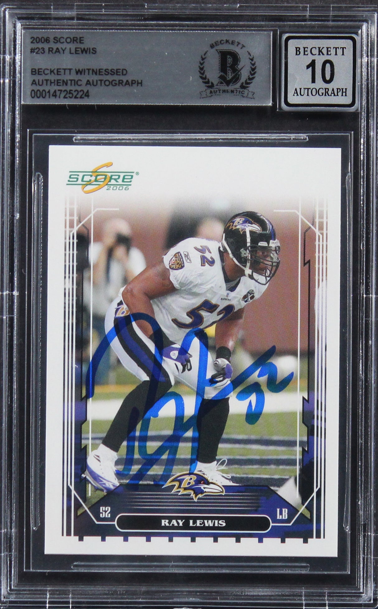 Ravens Ray Lewis Signed 2006 Score #23 Card Auto Graded Gem Mint 10! BAS Slabbed