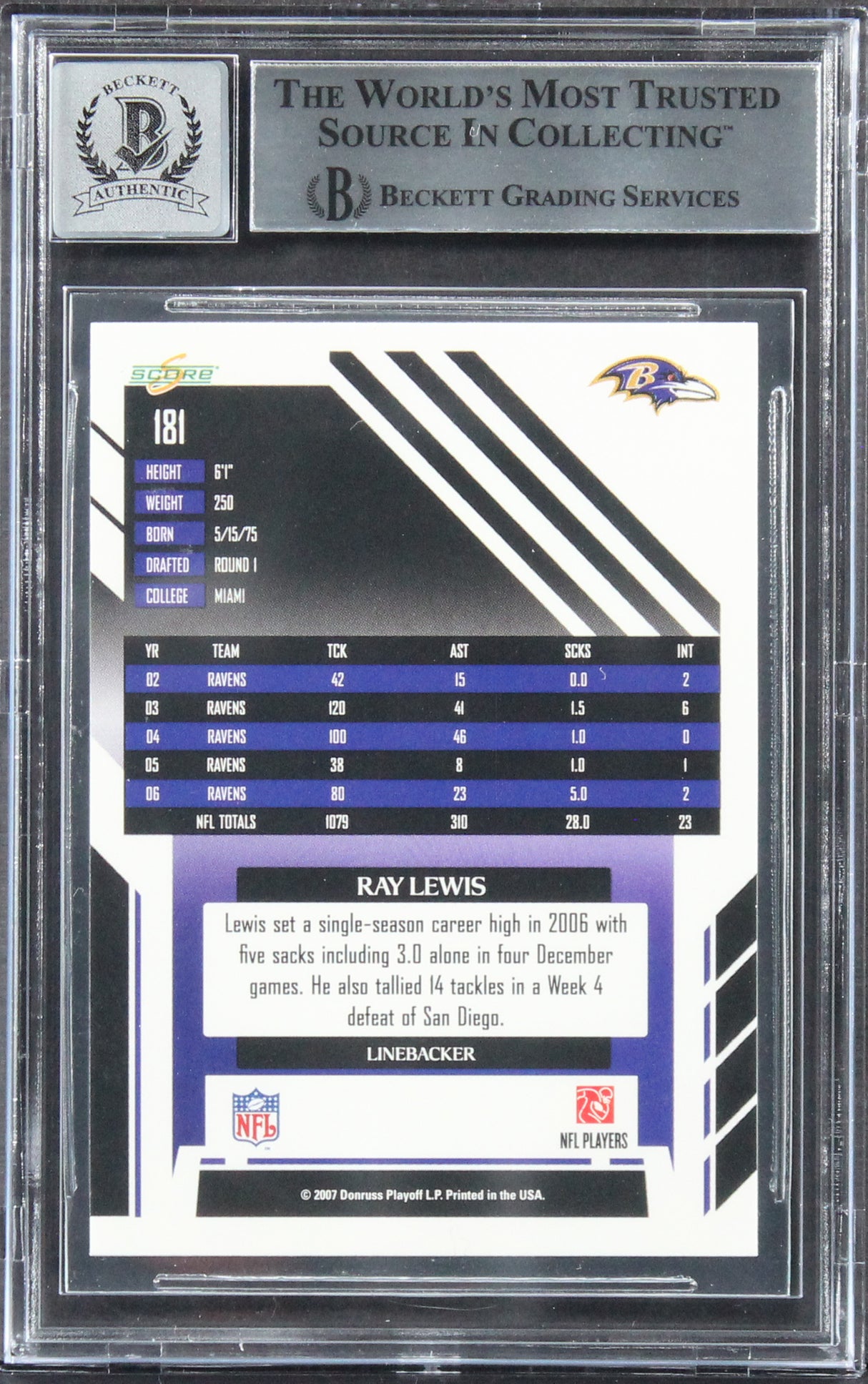 Ravens Ray Lewis Signed 2007 Score #181 Card Auto Graded Gem Mint 10! BAS Slab