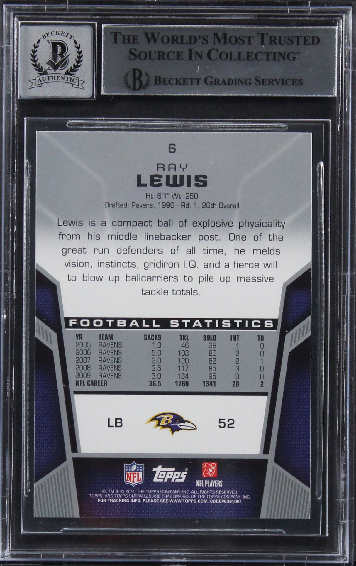 Ravens Ray Lewis Authentic Signed 2010 Topps Unrivaled #6 Card Auto 10! BAS Slab