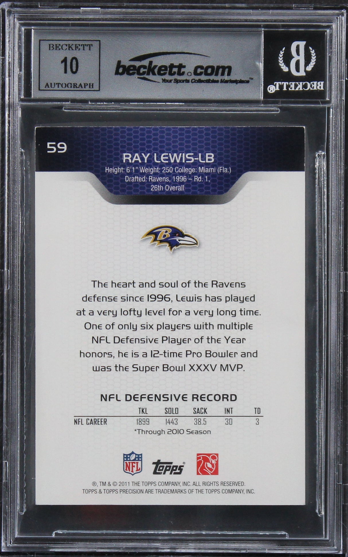 Ravens Ray Lewis Authentic Signed 2011 Topps Precision #59 Card Auto 10 BAS Slab