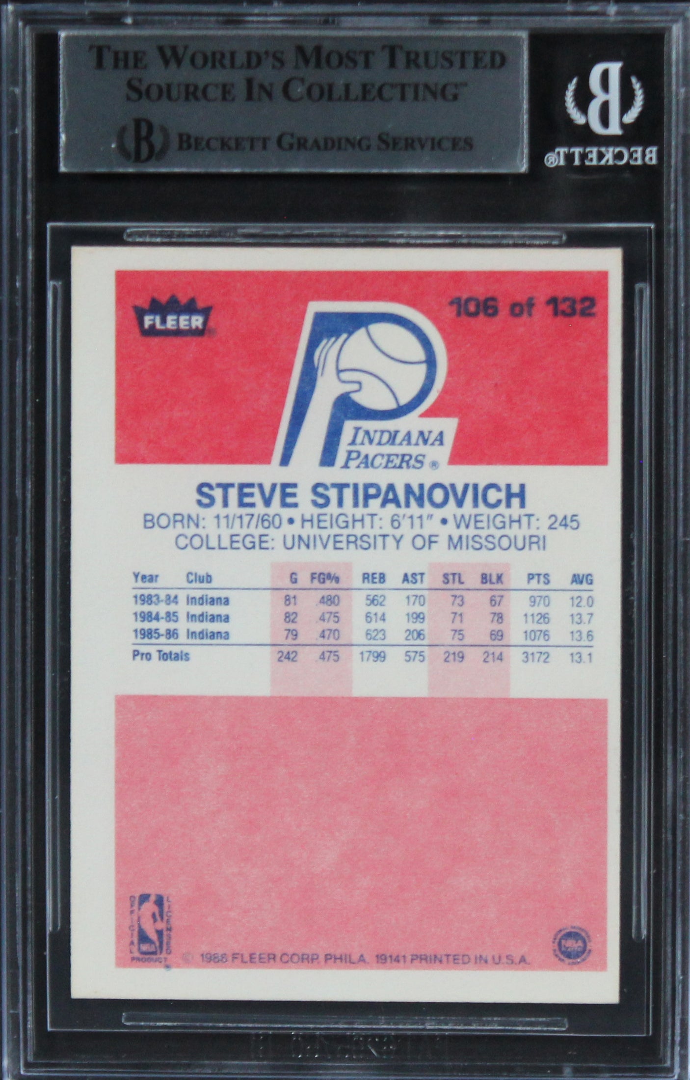 Pacers Steve Stipanovich Authentic Signed 1986 Fleer #106 Card BAS Slabbed