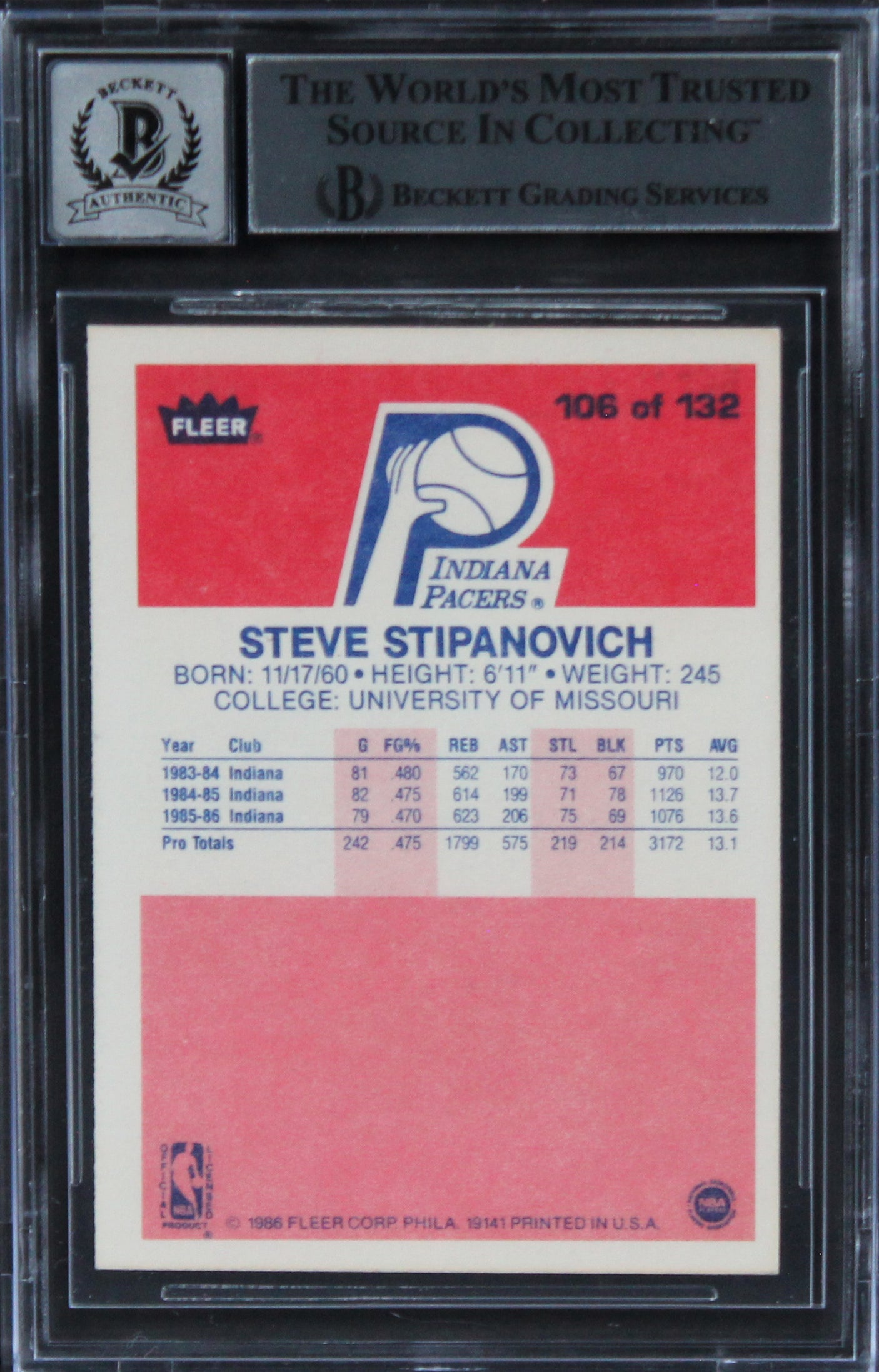 Pacers Steve Stipanovich Signed 1986 Fleer #106 Card Auto 10! BAS Slabbed