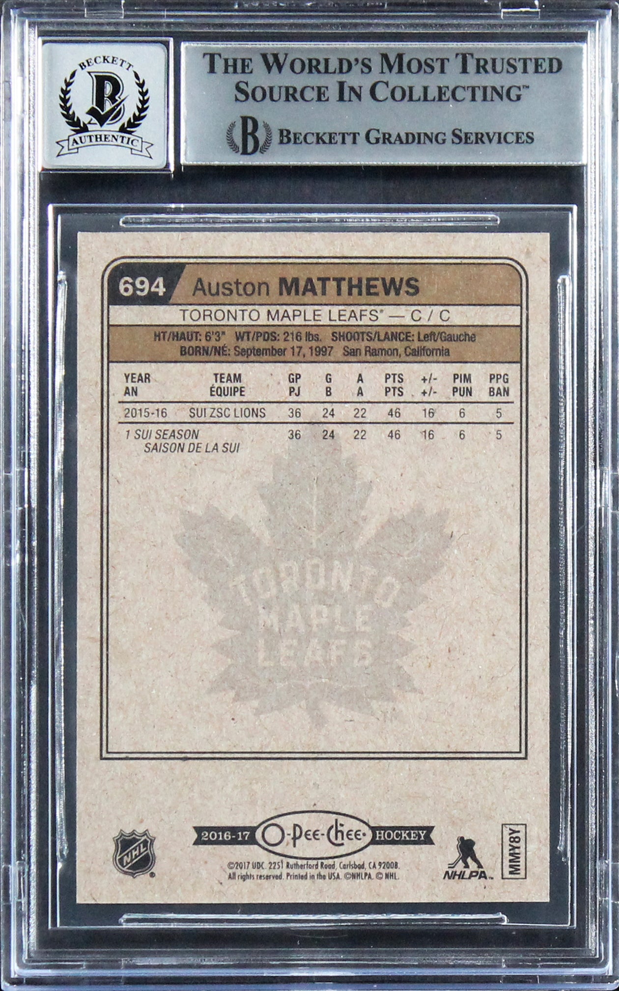 Maple Leafs Auston Matthews Signed 2016 O-Pee-Chee #694 RC Card Auto 10 BAS Slab