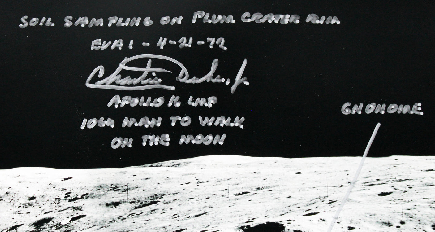 Charles Duke Apollo 16 "Plum Crater Rim" Signed 12x35 Photo BAS #AD38586