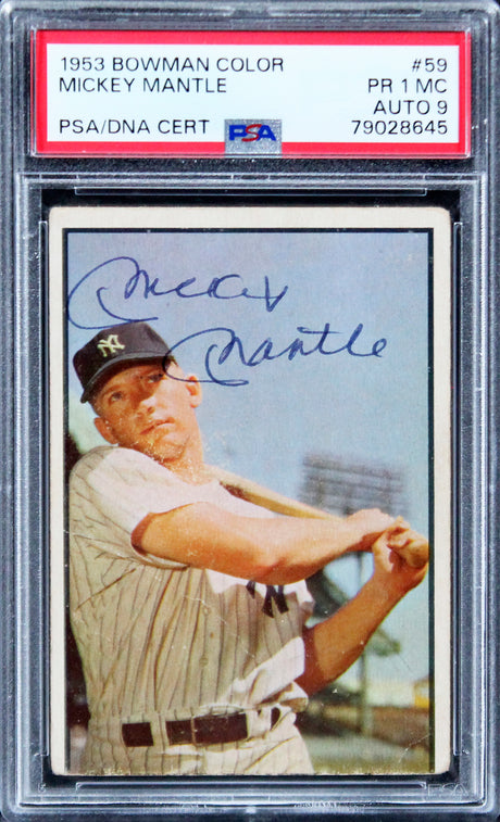 Mickey Mantle Signed 1953 Bowman Color #59 Card Grade Pr 1 MC Auto 9 PSA Slabbed