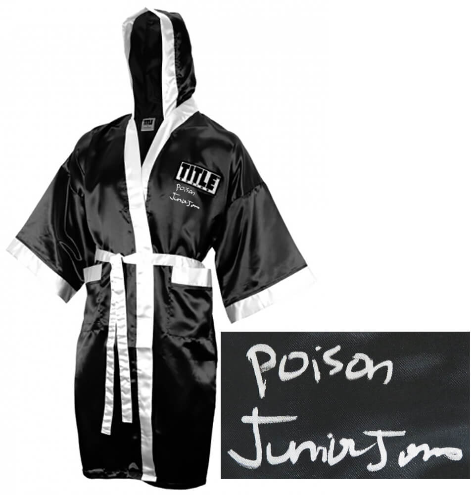 Junior Jones Signed Title Black With White Trim Boxing Robe w/Poison