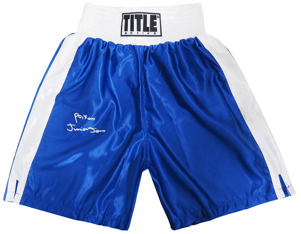 Junior Jones Signed Title Blue With White Trim Boxing Trunks w/Poison