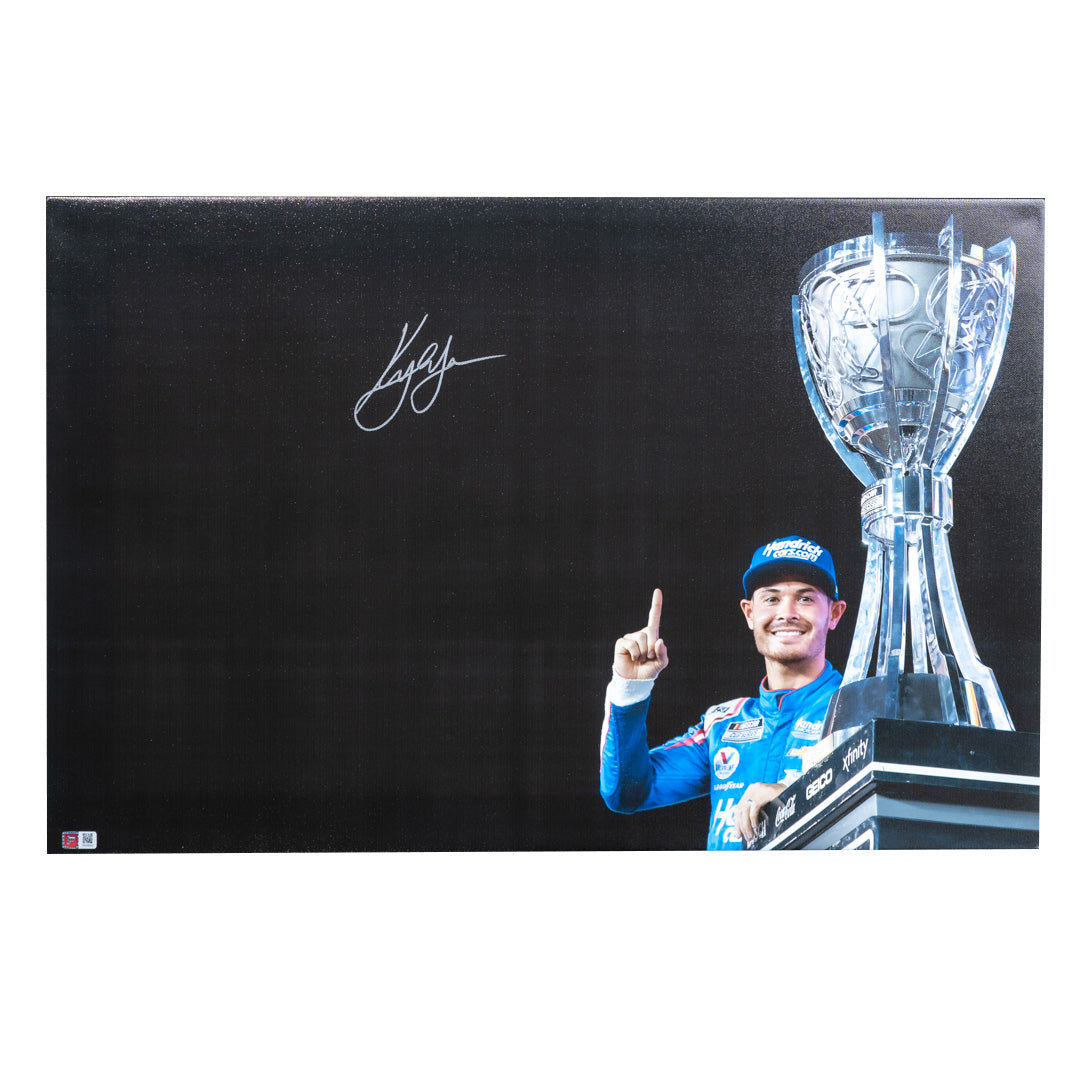 Kyle Larson Signed 2021 NASCAR Cup Champ Trophy Photo 20x30 Canvas (COA)