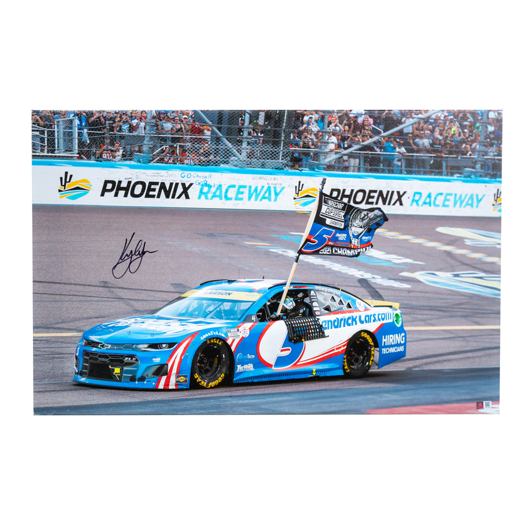 Kyle Larson Signed 2021 NASCAR Cup Championship 20x30 Canvas | SpeedCanvas