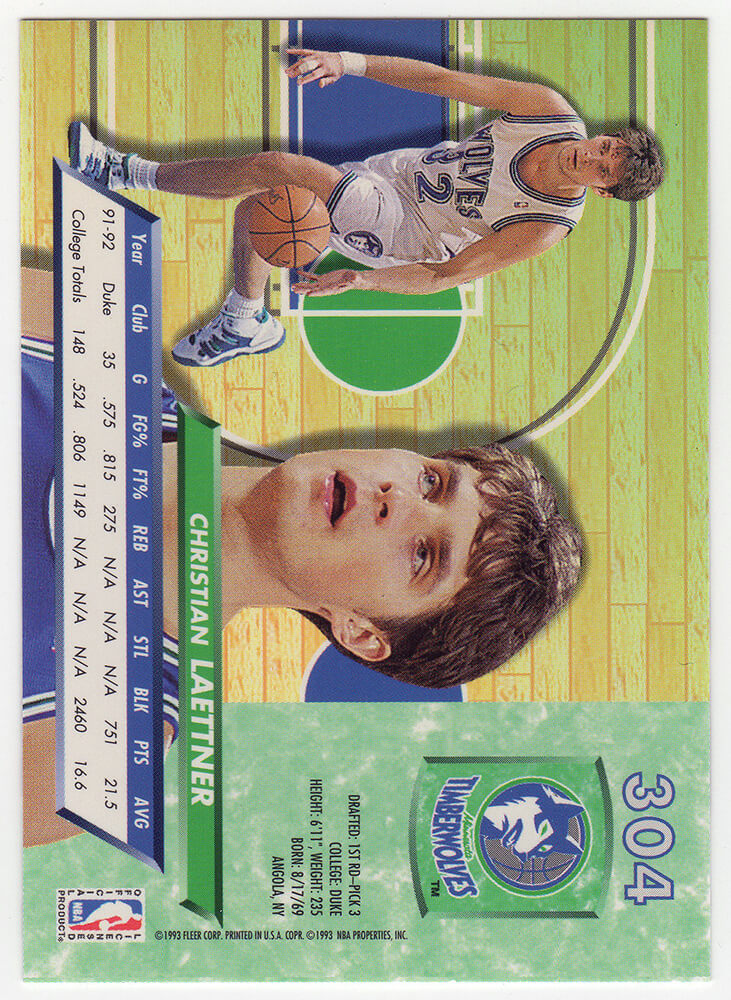 Christian Laettner Signed Minnesota Timberwolves 1992-93 Fleer Ultra Rookie Basketball Card #304