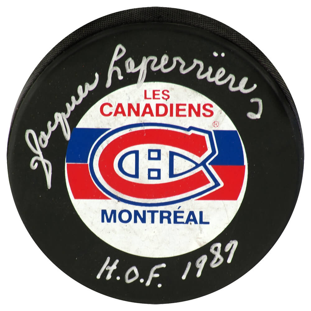 Jacques Laperriere Signed Montreal Canadiens Logo Hockey Puck w/HOF 1987