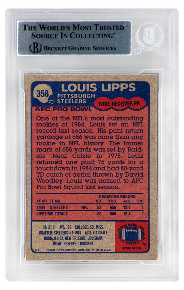 Louis Lipps Signed Pittsburgh Steelers 1985 Topps Rookie Football Card #358 - (Beckett Encapsulated)