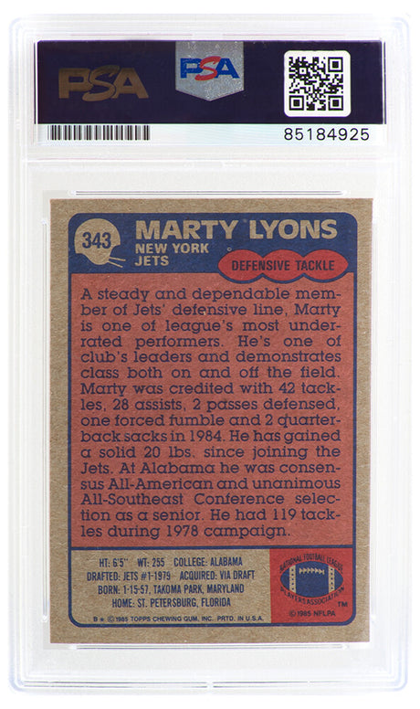 Marty Lyons Signed New York Jets 1985 Topps Football Trading Card #343 - (PSA Encapsulated)