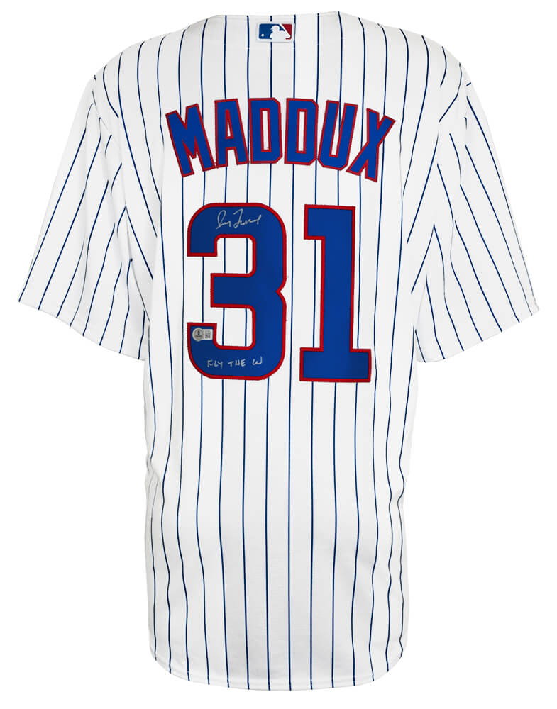 Greg Maddux Signed Chicago Cubs White Pinstripe Majestic Replica Baseball Jersey w/Fly The W - (Beckett)