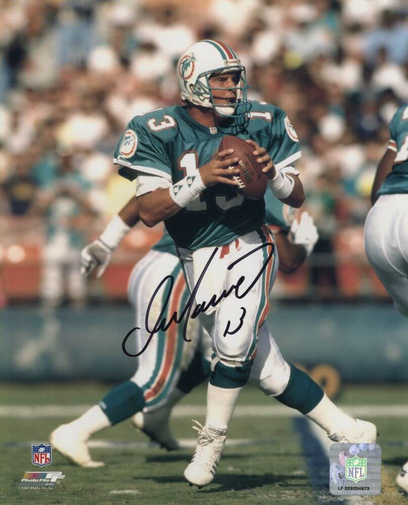 Dan Marino Signed Miami Dolphins Dropback Teal Jersey Action 8x10 Photo