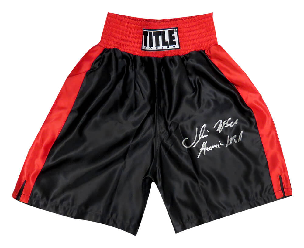 Oliver McCall Signed Title Black With Red Trim Boxing Trunks w/Atomic Bull