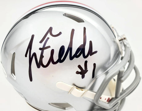 Justin Fields Autographed Ohio State Buckeyes Silver Speed Mini Helmet Beckett BAS Stock #189797