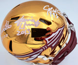 Florida State Seminoles Heisman Trophy Winners Jameis Winston, Chris Weinke & Charlie Ward Autographed Gold Chrome Speed Mini Helmet With Inscriptions Beckett BAS Stock #181853