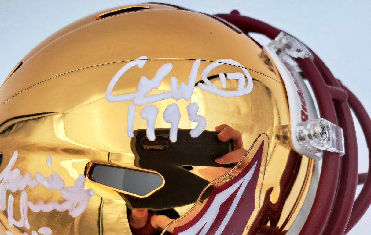 Florida State Seminoles Heisman Trophy Winners Jameis Winston, Chris Weinke & Charlie Ward Autographed Gold Chrome Speed Mini Helmet With Inscriptions Beckett BAS Stock #181853