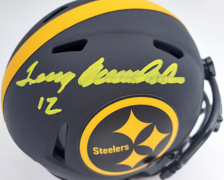 Terry Bradshaw Autographed Eclipse Black Pittsburgh Steelers Speed Mini Helmet Beckett BAS Stock #165928