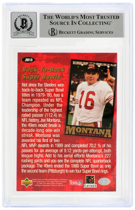 Joe Montana Signed 49ers 1995 Upper Deck Collector's Choice Chronicles Football Card #JM10 - (Beckett - Auto Grade 10)