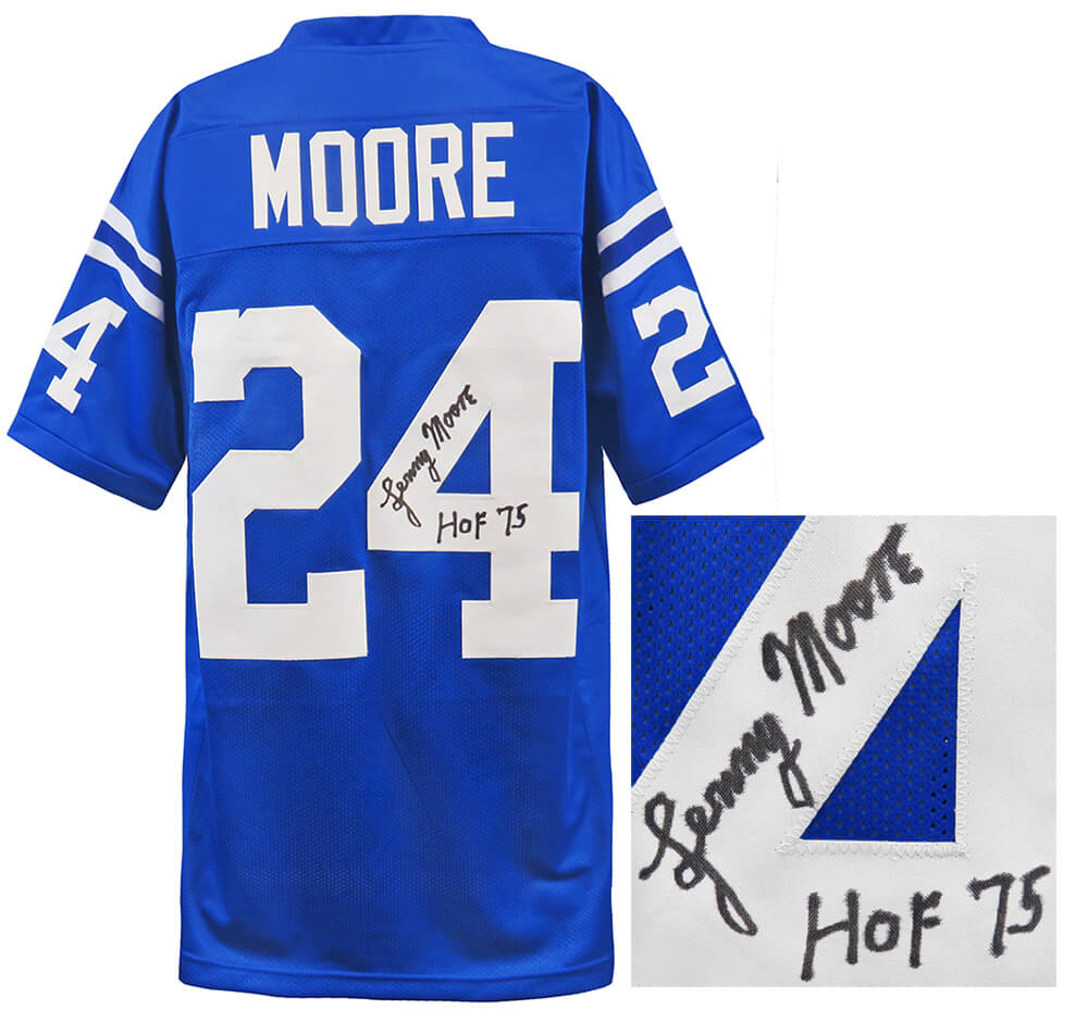 Lenny Moore Signed Blue Throwback Custom Football Jersey w/HOF 75