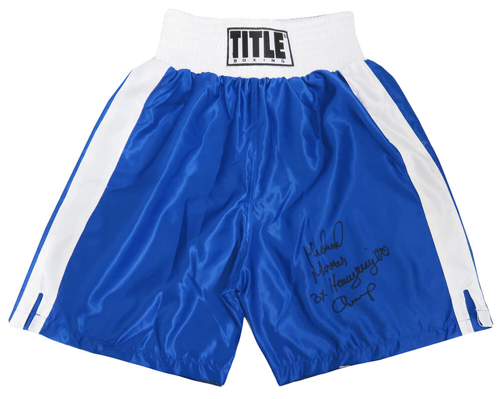 Michael Moorer Signed Title Blue With White Trim Boxing Trunks w/3x Heavyweight Champ (In Black)