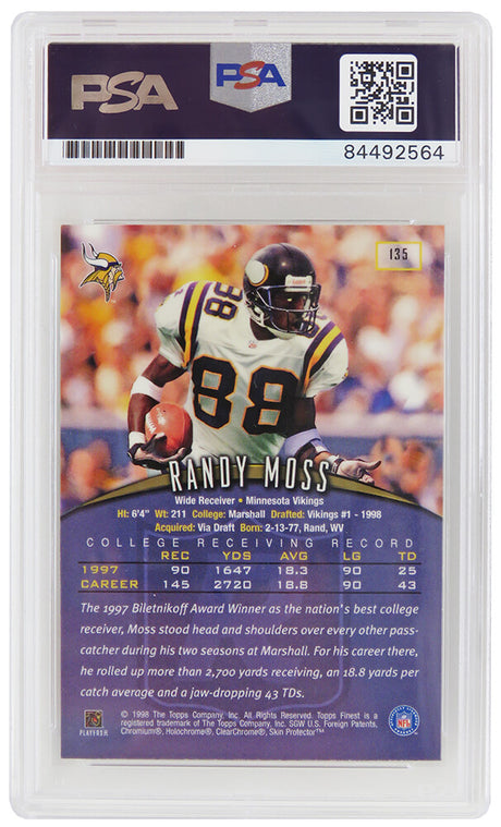 Randy Moss Signed Vikings 1998 Topps Finest Rookie Card #135 (PSA/DNA Encapsulated - Auto Grade 10)