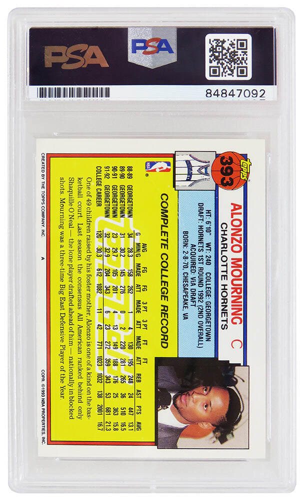 Alonzo Mourning Signed Charlotte Hornets 1992-93 Topps GOLD Rookie Basketball Card #393 (PSA Encapsulated - Auto Grade 10)