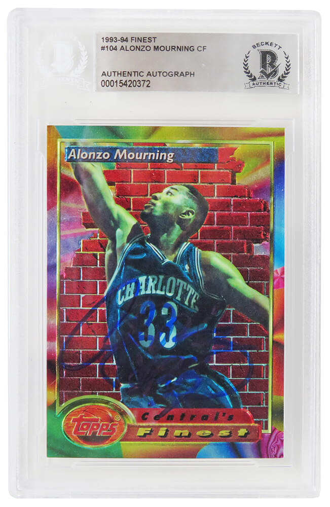 Alonzo Mourning Signed Hornets 1993-94 Topps Finest Basketball Card #104 (In Blue) - (Beckett Encapsulated)