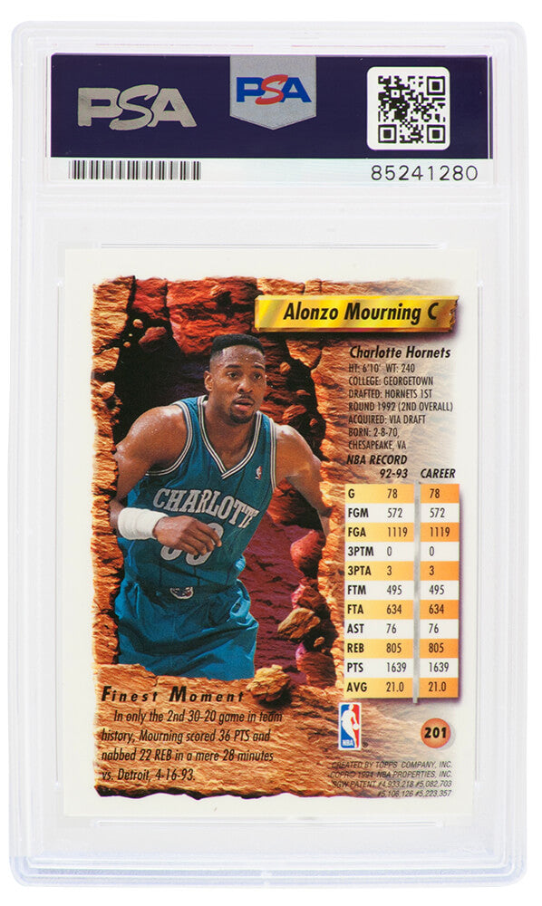 Alonzo Mourning Signed Charlotte Hornets 1993-94 Topps Finest Basketball Trading Card #201 - (PSA Encapsulated)