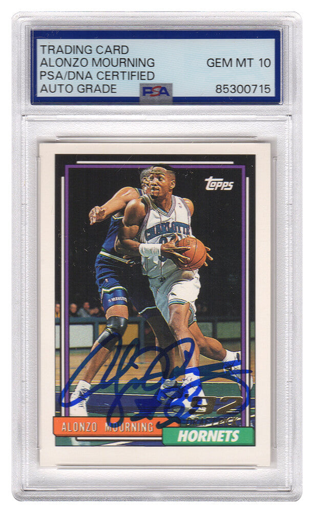 Alonzo Mourning Signed Hornets 1992-93 Topps Rookie Basketball Card #393 (PSA Encapsulated - Auto Grade 10)