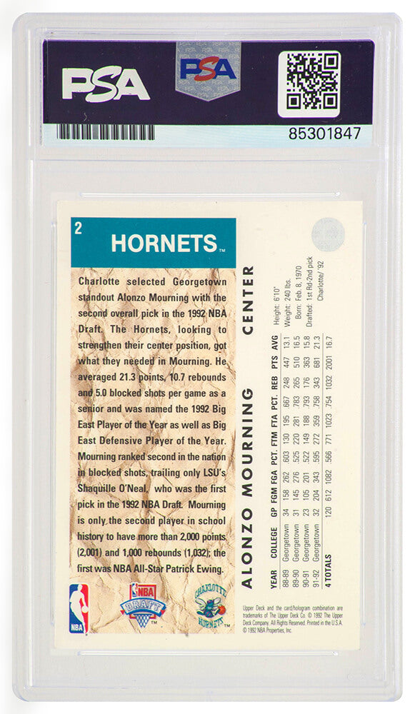 Alonzo Mourning Signed 1992-93 Upper Deck Rookie Basketball Card #2 - (PSA Encapsulated)