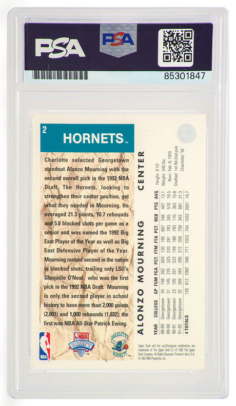 Alonzo Mourning Signed 1992-93 Upper Deck Rookie Basketball Card #2 - (PSA Encapsulated)